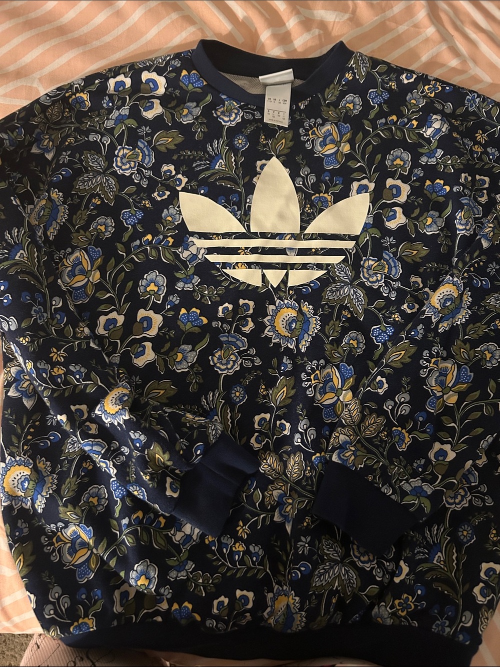 adidas Navy Floral Trefoil Sweatshirt with Cream Logo